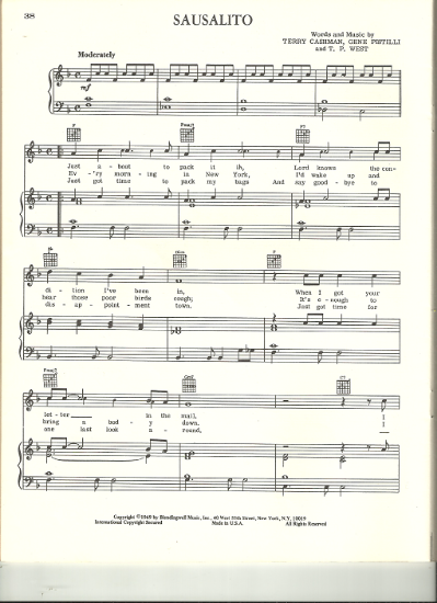 Picture of Sausalito, Terry Cashman/ Gene Pistilli/ T. P. West, recorded by Al Martino, sheet music