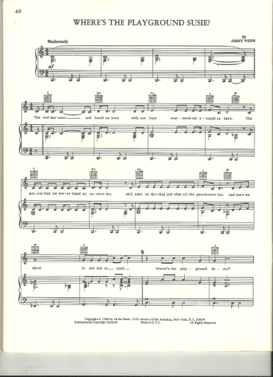 Picture of Where's the Playground Susie, Jimmy Webb, recorded by Glen Campbell, sheet music