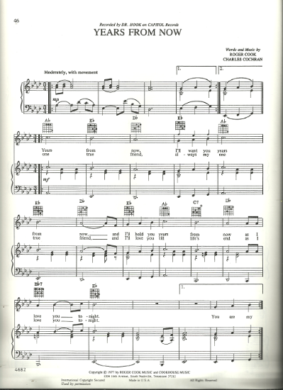 Picture of Years from Now, Roger Cook & Charles Cochran, recorded by Dr. Hook, sheet music
