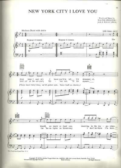 Picture of New York City I Love You, Walter Zwolinski, recorded by Zwol, sheet music