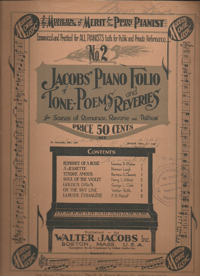 Picture of Modern Melodies of Merit for the Photo Play Pianist, Jacobs Piano Folio of Tone Poems & Reveries No. 2, Walter Jacobs, piano solo, sheet music folio