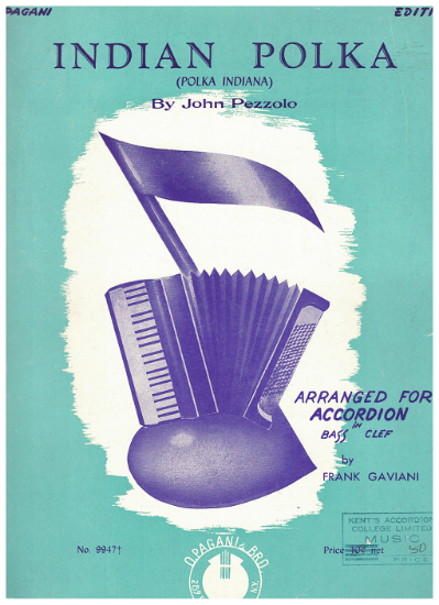 Picture of Indian Polka, John Pezzolo, arr. Frank Gaviani, accordion solo sheet music, out of print, collectible, rare