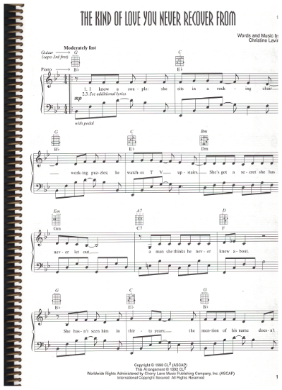 Picture of The Kind of Love You Never Recover From, written & recorded by Christine Lavin, sheet music, pdf copy 