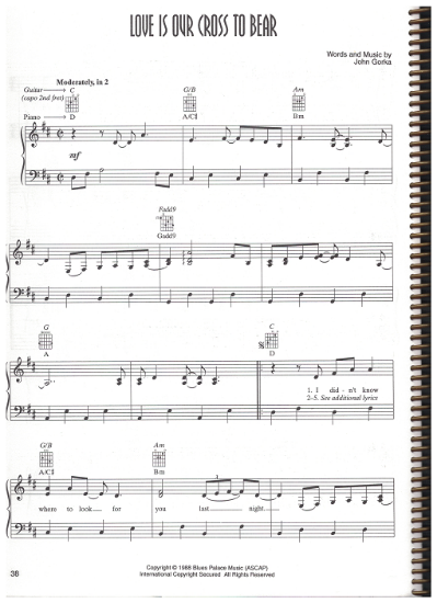 Picture of Love is Our Cross to Bear, written & recorded, John Gorka, sheet music, pdf copy