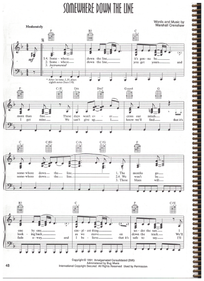 Picture of Somewhere Down the Line, written & recorded by Marshall Crenshaw, sheet music, pdf copy 
