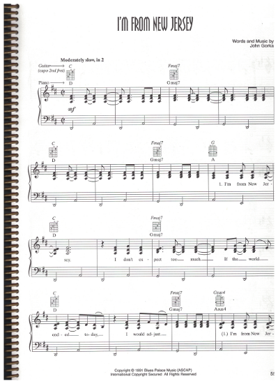 Picture of I'm from New Jersey, written & recorded by John Gorka, sheet music