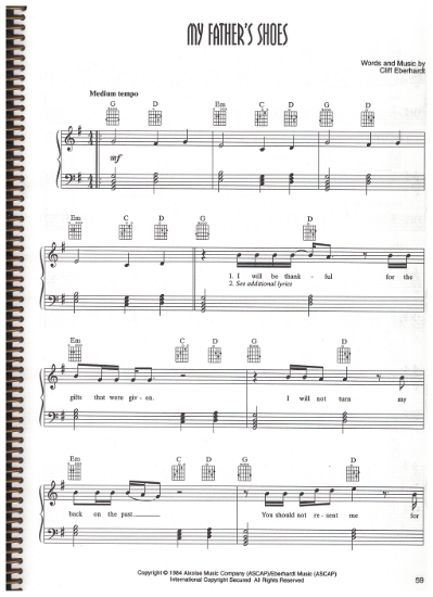Picture of My Father's Shoes, written & recorded by Cliff Eberhardt, sheet music, pdf copy 