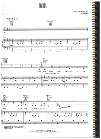 Picture of Tattoo, written & recorded by Janis Ian, sheet music