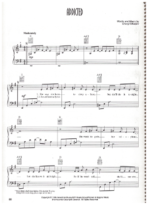 Picture of Addicted, Cheryl Wheeler, recorded by Dan Seals & later by Blake Shelton, sheet music, pdf copy 