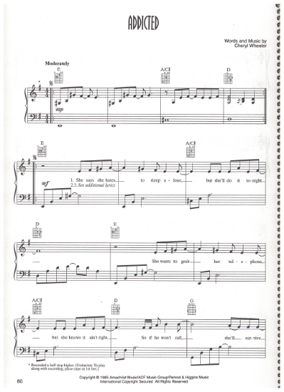 Picture of Addicted, Cheryl Wheeler, recorded by Dan Seals & later by Blake Shelton, sheet music, pdf copy 