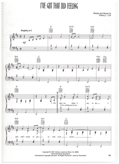 Picture of I've Got That Old Feeling, written & recorded by Sidney L. Cox, sheet music
