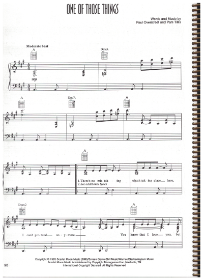 Picture of One of Those Things, Paul Overstreet, recorded by Pam Tillis, sheet music, pdf copy