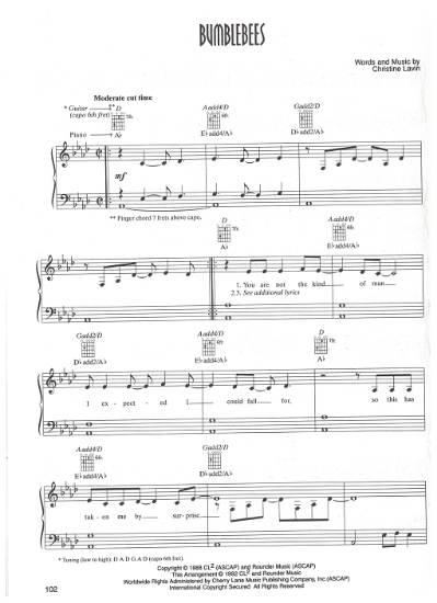 Picture of Bumblebees, written & recorded by Christine Lavin, sheet music, pdf copy
