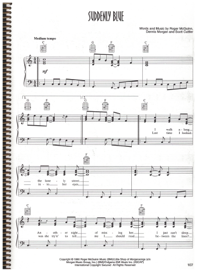 Picture of Suddenly Blue, Dennis Martin & Scott Cuttler, recorded by Roger McGuinn, sheet music, pdf copy