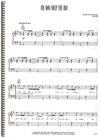 Picture of Me and Billy the Kid, written & recorded by Joe Ely, sheet music