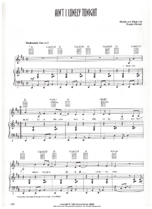 Picture of Ain't I Lonely Tonight, written & recorded by Susan Werner, sheet music, pdf copy 