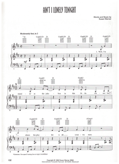 Picture of Ain't I Lonely Tonight, written & recorded by Susan Werner, sheet music, pdf copy 