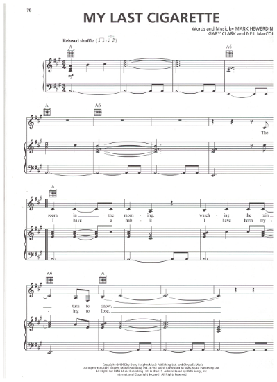 Picture of My Last Cigarette, Mark Hewerdine/ Gary Clark/ Neil MacColl, recorded by K. D. Lang, sheet music