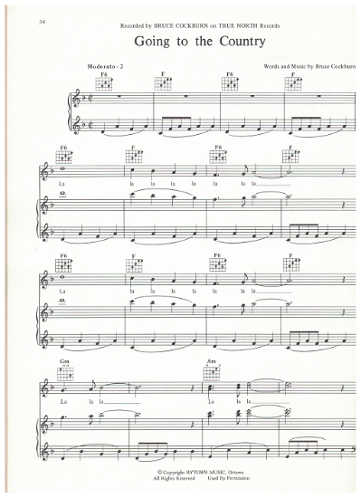Picture of Going to the Country, written & recorded by Bruce Cockburn, sheet music