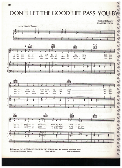 Picture of Don't Let the Good Life Pass You By, Sharon Rucker, recorded first by Jerry Reed then by Mama Cass, sheet music