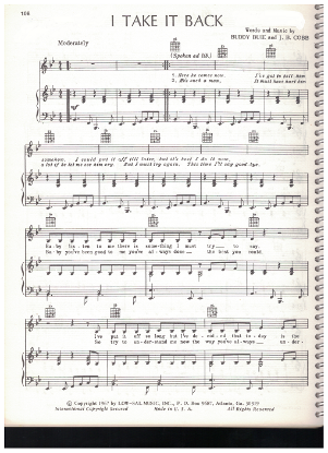 Picture of I Take it Back, Buddy Buie & J. B. Cobb, recorded by Sandy Posey, sheet music
