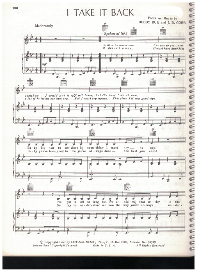 Picture of I Take it Back, Buddy Buie & J. B. Cobb, recorded by Sandy Posey, sheet music