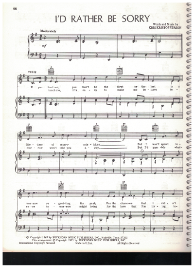 Picture of I'd Rather Be Sorry, written & recorded by Kris Kristofferson & Rita Coolidge, sheet music