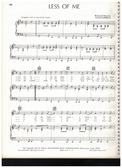 Picture of Less of Me, written & recorded by Glen Campbell, sheet music