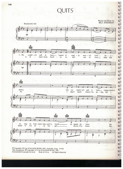 Picture of Quits, written & recorded by Bill Anderson, sheet music