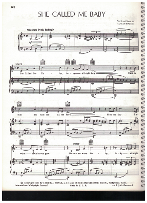 Picture of She Called Me Baby, Harlan Howard, recorded by Charlie Rich, sheet music