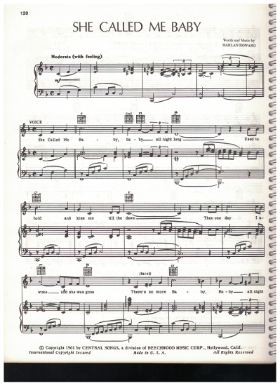 Picture of She Called Me Baby, Harlan Howard, recorded by Charlie Rich, sheet music