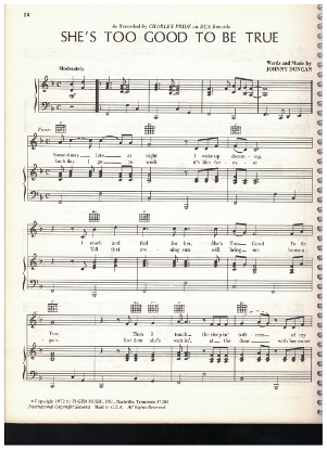 Picture of She's Too Good to be True, Johnny Duncan, recorded by Charley Pride, sheet music
