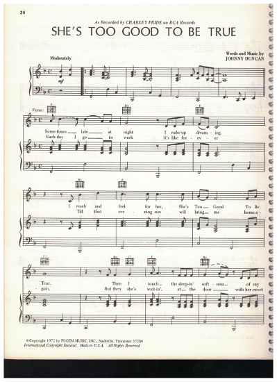 Picture of She's Too Good to be True, Johnny Duncan, recorded by Charley Pride, sheet music
