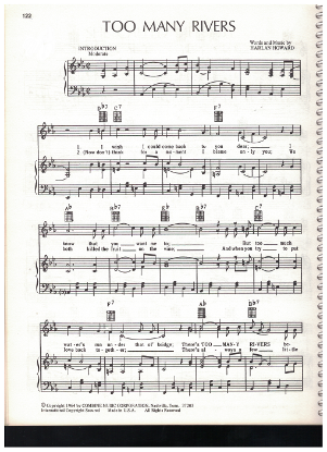 Picture of Too Many Rivers, Harlan Howard, recorded by Brenda Lee; also by Eddie Arnold, this version is in the key of Eb (the Arnold version),sheet music
