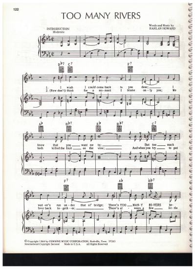 Picture of Too Many Rivers, Harlan Howard, recorded by Brenda Lee, sheet music
