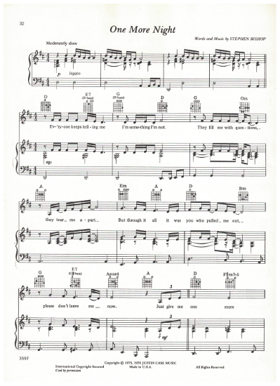 Picture of One More Night, Stephen Bishop, recorded by Barbra Streisand, sheet music