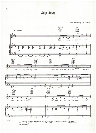 Picture of Stay Away, Kim Carnes, recorded by Barbra Streisand, sheet music