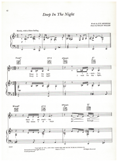 Picture of Deep in the Night, Eve Merriam & Helen Miller, recorded by Barbra Streisand, sheet music
