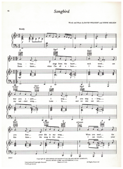 Picture of Songbird, David Wolfert & Steve Nelson, recorded by Barbra Streisand, sheet music