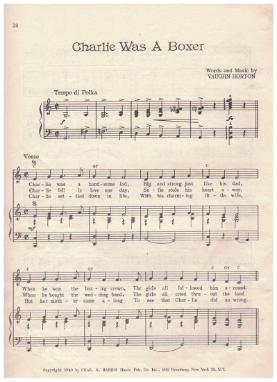 Picture of Charlie Was a Boxer, Vaughn Horton, recorded by Frankie Yankovic, sheet music