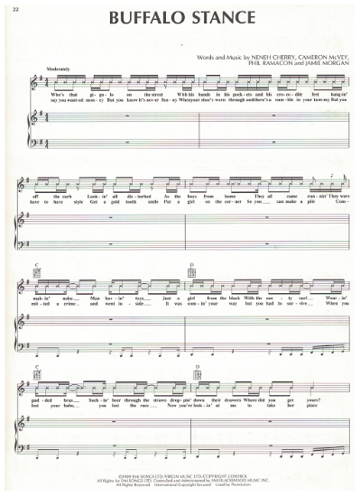Picture of Buffalo Stance, written & recorded by Neneh Cherry, sheet music