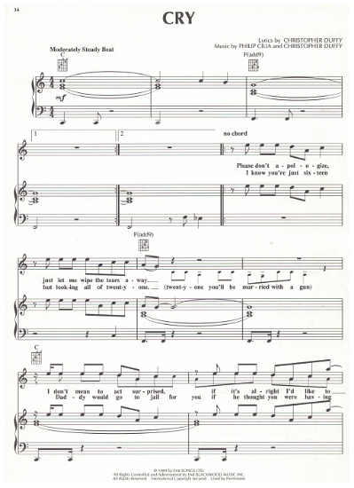 Picture of Cry, Philip Celia & Chris Duffy, recorded by Waterfront, sheet music