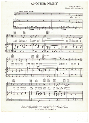 Picture of Another Night, Hal David & Burt Bacharach, recorded by Dionne Warwick, sheet music