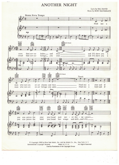 Picture of Another Night, Hal David & Burt Bacharach, recorded by Dionne Warwick, sheet music