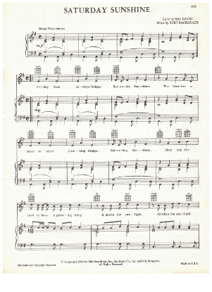 Picture of Saturday Sunshine, Hal David & Burt Bacharach, recorded by Dionne Warwick (also Johnny Mathis), sheet music