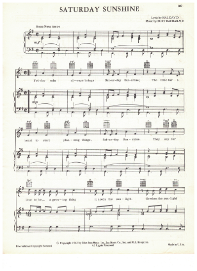 Picture of Saturday Sunshine, Hal David & Burt Bacharach, recorded by Dionne Warwick (also Johnny Mathis), sheet music