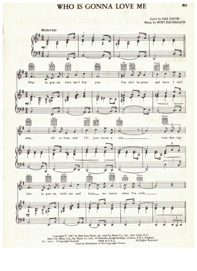 Picture of Who is Gonna Love Me, Hal David & Burt Bacharach, recorded by Dionne Warwick, sheet music