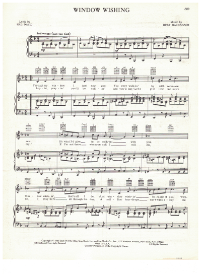 Picture of Window Wishing, Hal David & Burt Bacharach, recorded by Dionne Warwick, sheet music