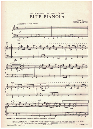 Picture of Blue Pianola, from movie "Touch of Evil", Henry Mancini, piano solo, sheet music