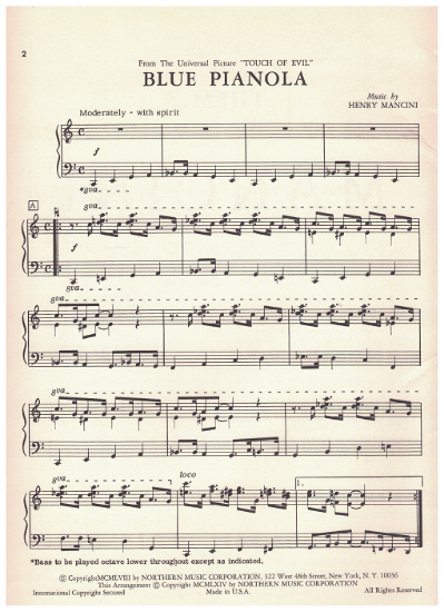Picture of Blue Pianola, from movie "Touch of Evil", Henry Mancini, piano solo, sheet music